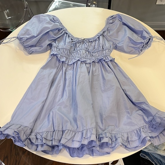 EN SAISON Danielle Smocked Puff Sleeve Cotton Mini Dress, Blue - M - Picture 2 of 5